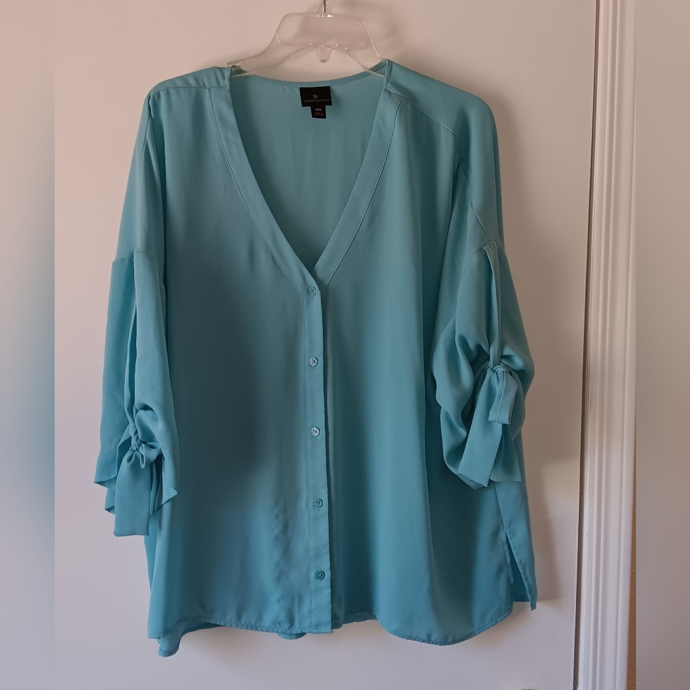 WOMEN'S TURQUOISE BLOUSE BY WORTHINGTON  SIZE XXL SILKY 100% POLYESTER